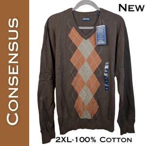 Consensus Mens Argyle Sweater 2XL Brown Tan Rust 100% Cotton Genuine Classic NEW